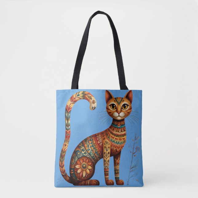 Tote Bag Boho Tribal Chat Mignon Art Populaire avec Fleurs (Devant)