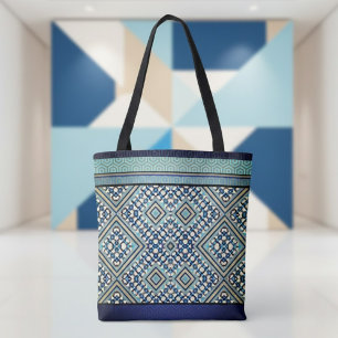 Tote Bag Boho Turquoise, Tan, Noir, Tribal Bleu