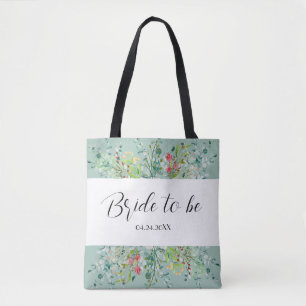 Tote Bag Boho Vert Doux avec Fleurs de Mariée à Venir