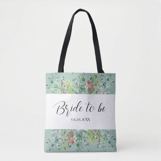 Tote Bag Boho Vert Doux avec Fleurs de Mariée à Venir  (Devant)