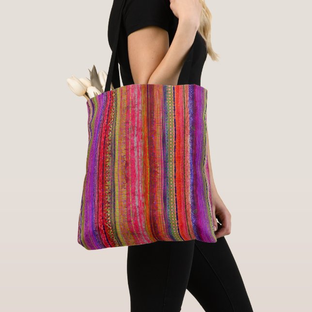 Tote Bag Boho Vintage Rouge Violet Rayures -  (De près)