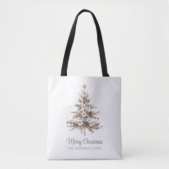 Tote Bag Boho Watercolor Christmas Tree Family Name (Devant)