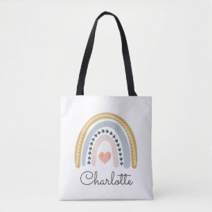 Tote Bag Boho Watercolor Rainbow Heart Name