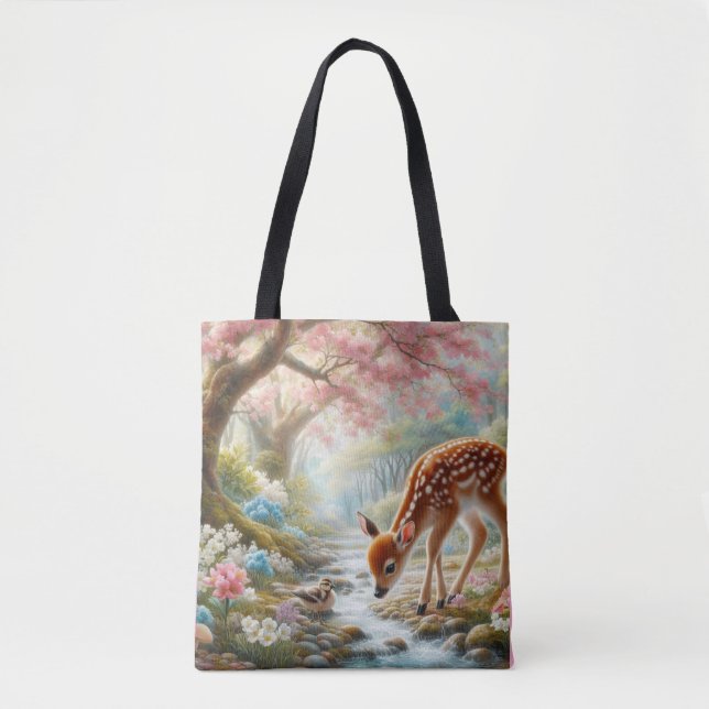 Tote Bag Bois de printemps avec canard et faon/cerf (Devant)