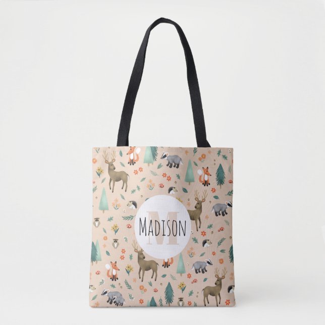 Tote Bag Bois rose mignon Animaux Monogrammes Enfants (Devant)