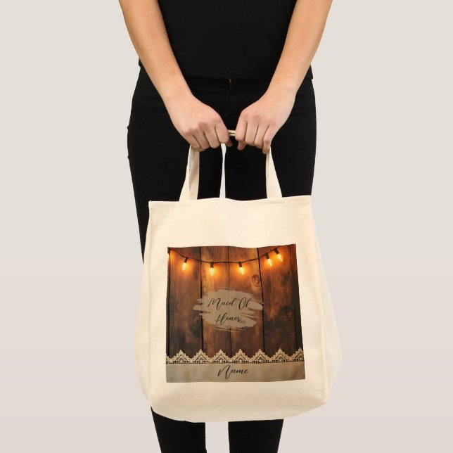 Tote Bag Bois rustique et dentelle pour un mariage (Devant (produit))