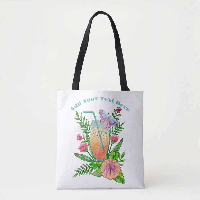Tote Bag Boissons Colorés, Papillon et Fleurs (Devant)