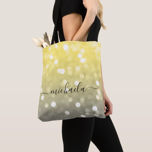 Tote Bag Bokeh jaune gris brillant Nom personnalisé (De près)
