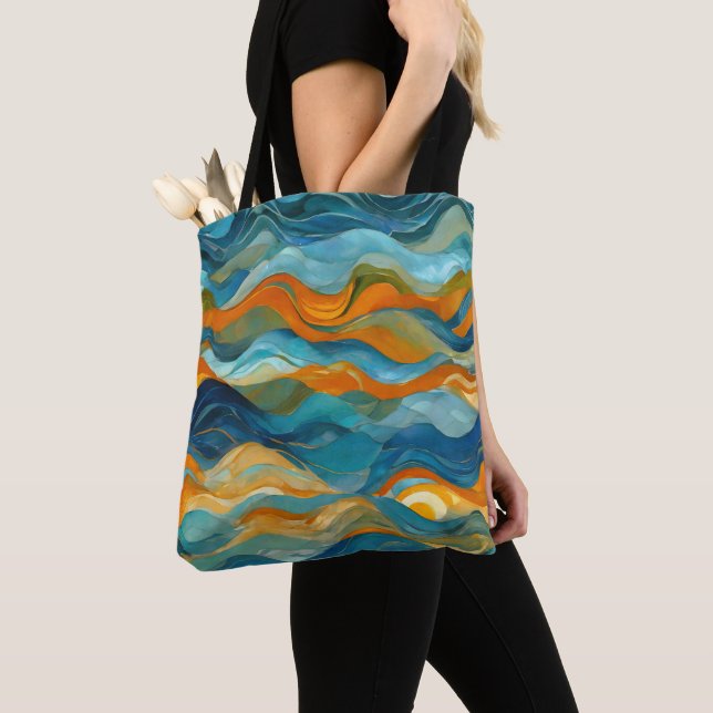 Tote Bag "Bolonia" Bleu Vert Orange Vagues (De près)
