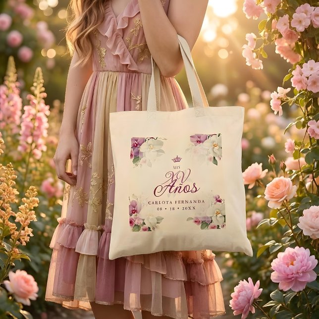 Tote Bag bolsa de tela (Romantic Exquisite Mis XV Años Spanish Floral Orchids Bouquets in Pink Shades Tote Bag. )