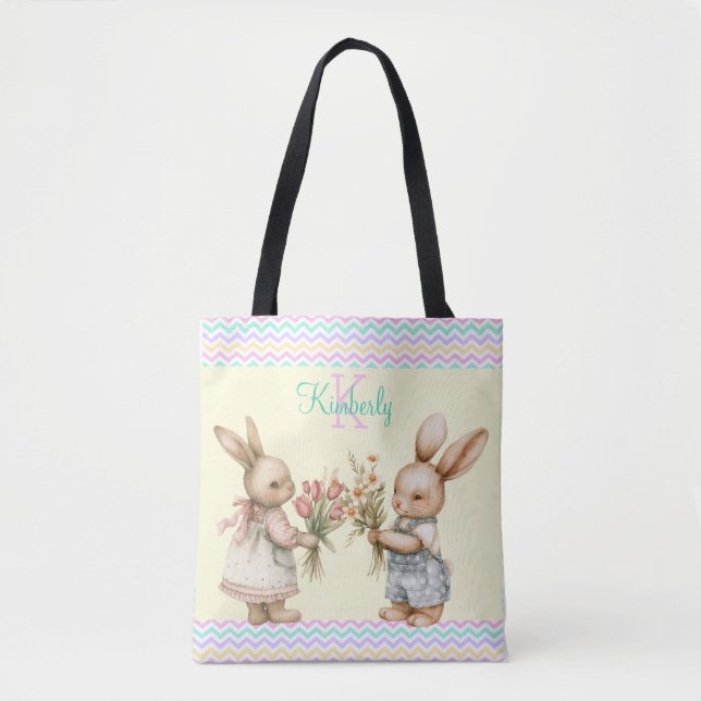 Tote Bag Bon Printemps ! Lapin Lapin Garçon Avec Fleurs (Devant)
