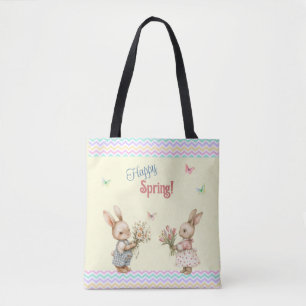 Tote Bag Bon Printemps ! Lapin Lapin Garçon Avec Fleurs