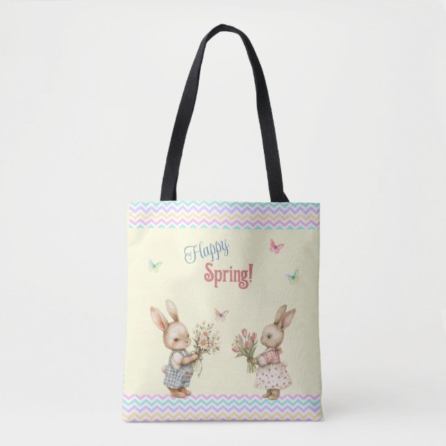 Tote Bag Bon Printemps ! Lapin Lapin Garçon Avec Fleurs (Devant)