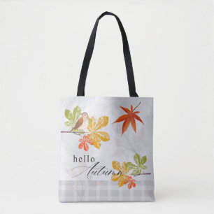 Tote Bag Bonjour automne avec les feuilles d'oiseaux et d'a