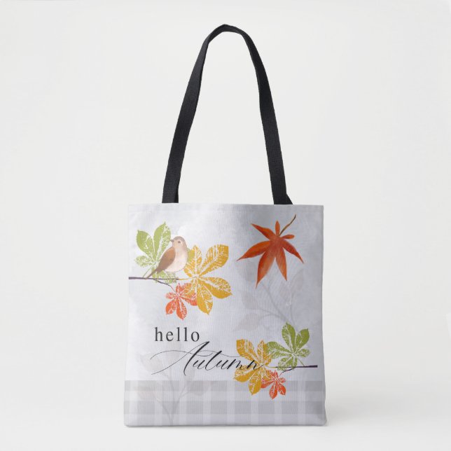 Tote Bag Bonjour automne avec les feuilles d'oiseaux et d'a (Devant)