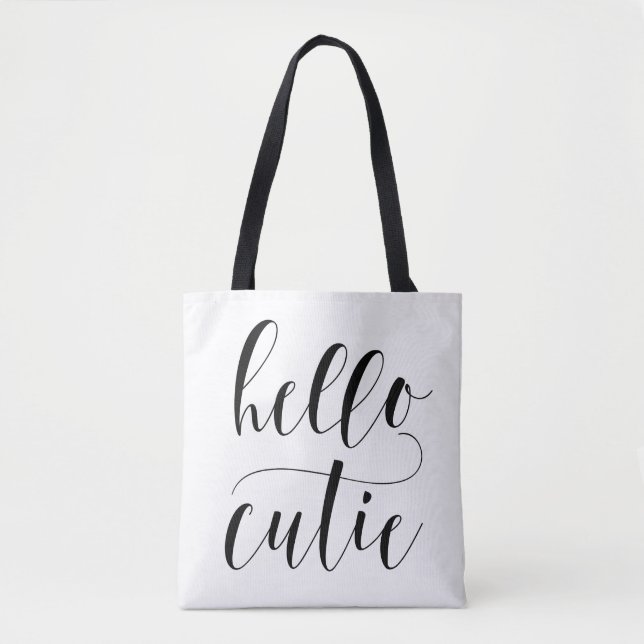 Tote Bag Bonjour Cutie Black Moderne Calligraphie Pois (Devant)