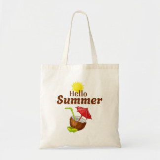 Tote Bag Bonjour Été Soleil Jaune Noix de Coco Parapluie Ro