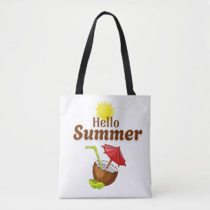 Tote Bag Bonjour Été Soleil Jaune Noix de Coco Parapluie Ro