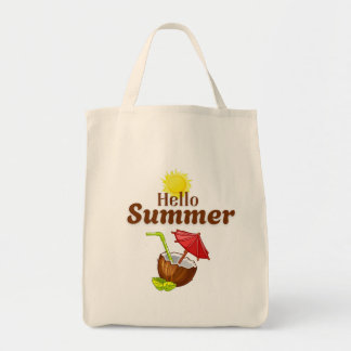 Tote Bag Bonjour Été Soleil Jaune Noix de Coco Parapluie Ro