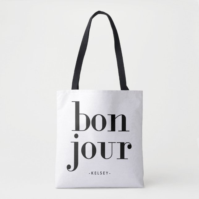 Tote Bag Bonjour noir et blanc chic parisien (Devant)