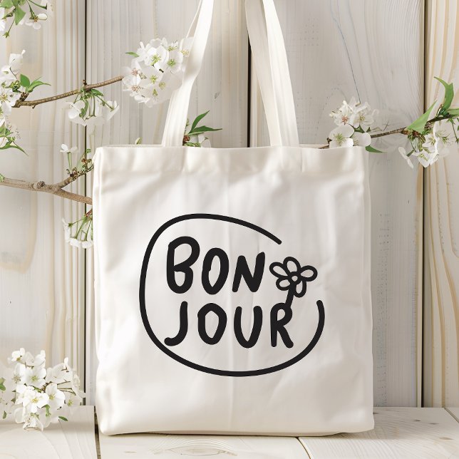 Tote Bag Bonjour Simple Moderne Floral Français Salutation (Créateur téléchargé)