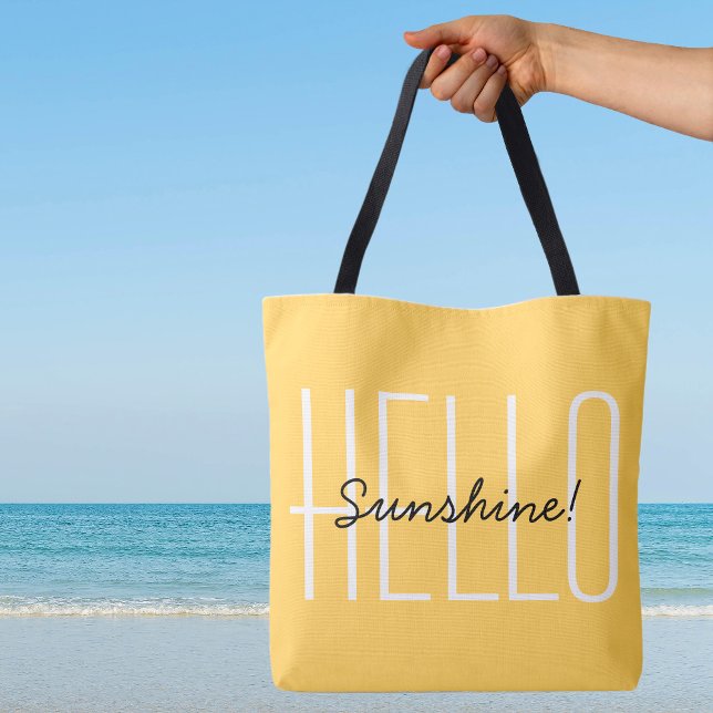 Tote Bag Bonjour Typographie Moderne Jaune Noir Sunshine (Cute Hello Sunshine Bright Yellow Black Text Modern Typography Canvas Shopping Beach Travel Tote Bag)