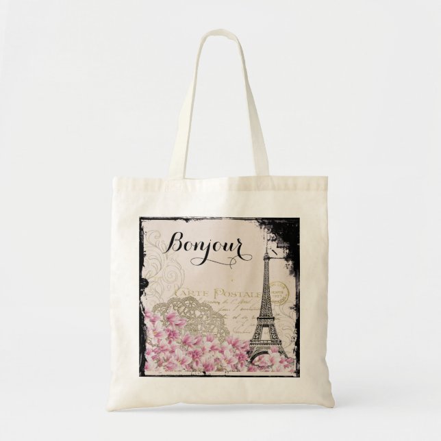 Tote Bag Bonjour Vintage Tour Eiffel Collage avec Fleurs (Devant)