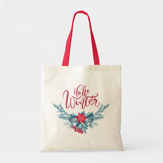 Tote Bag Bonjour Winter Festive Moderne Floral Vacances (Devant)