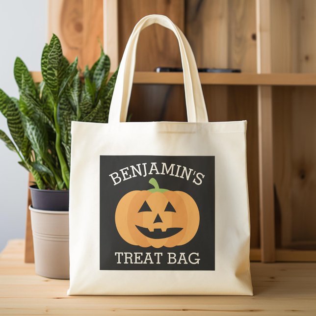 Tote Bag Bonne Halloween avec nom mignon Citrouille traitem (Custom Tote Bag)