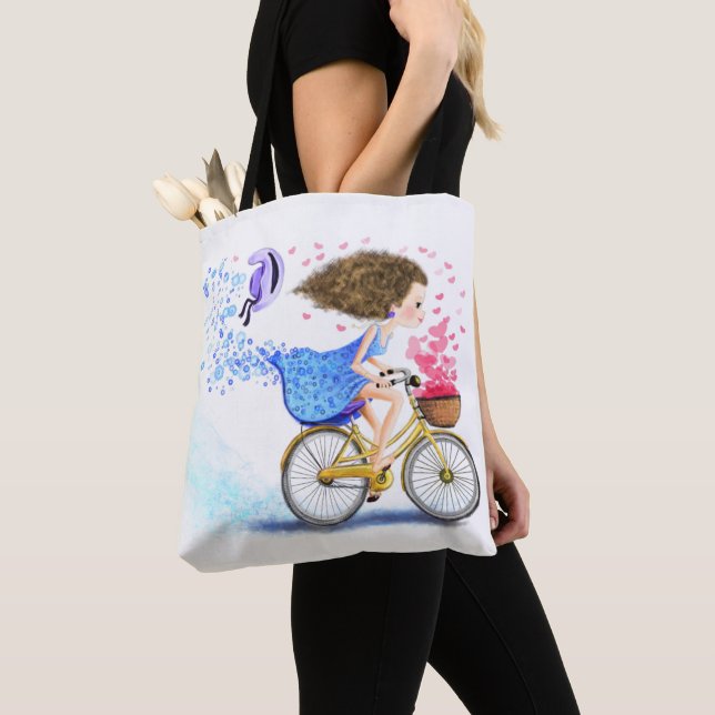Tote Bag Bonne Jeune Fille Sur Un Vélo - Coeurs D'Amour Rom (De près)