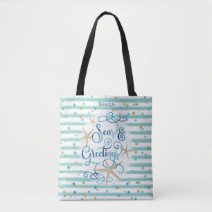Tote Bag "Bonnes Fêtes" tropicales Bandes et points Turquoi