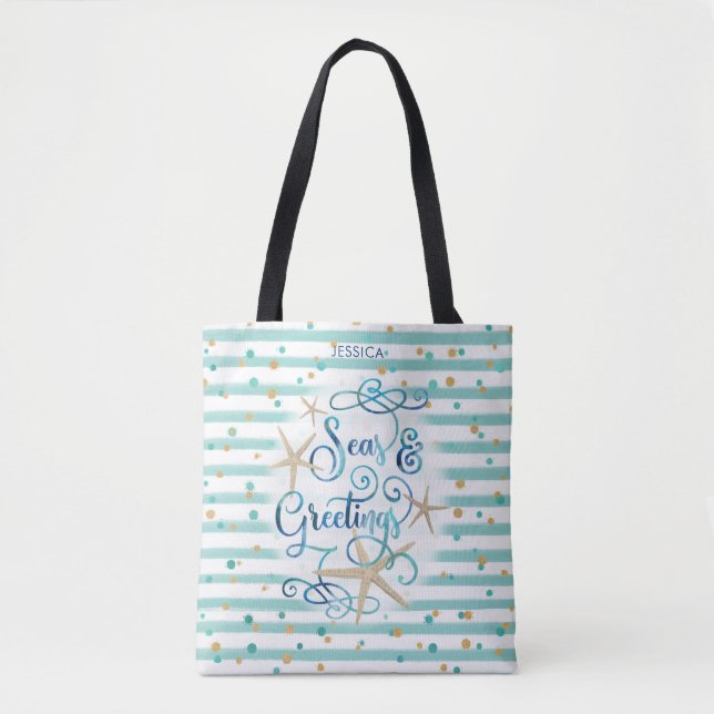Tote Bag "Bonnes Fêtes" tropicales Bandes et points Turquoi (Devant)