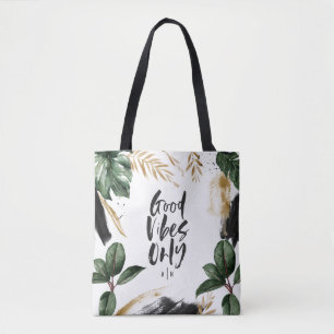 Tote Bag Bonnes vibes seulement feuilles tropicales et typo