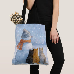 Tote Bag Bonshommes de neige et chats dans un champ enneigé