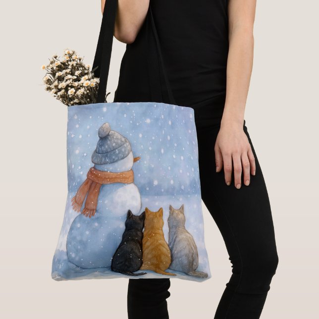 Tote Bag Bonshommes de neige et chats dans un champ enneigé (De près)