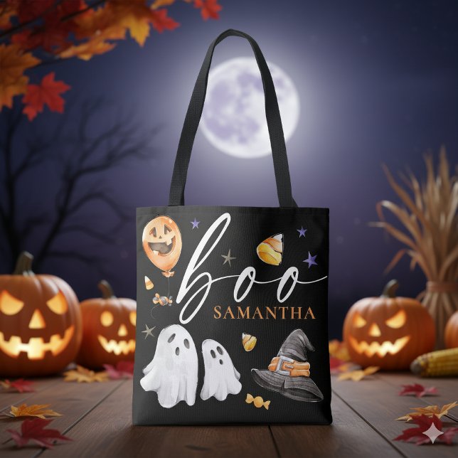 Tote Bag Boo Halloween Aquarelle Trace ou traiter noir ("Boo!" Watercolor Halloween Trick or Treat Tote Bag)