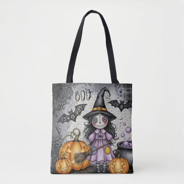 Tote Bag Boo & Sorcière Mignonne et lanternes (Devant)