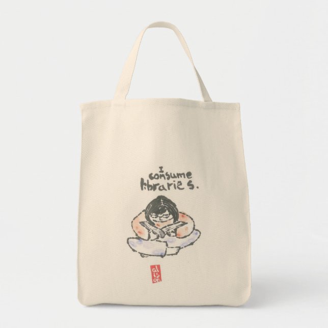 Tote Bag Bookbag -- "Je consomme des bibliothèques " (Devant)