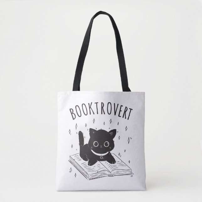 Tote Bag Booktrovert chat avec livre et étoiles (Devant)