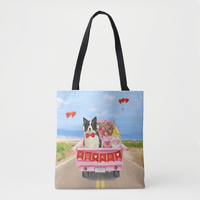 Tote Bag Border Collie Chien Saint-Valentin Camion Cœurs (Devant)