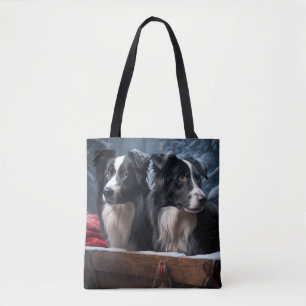 Tote Bag Border Collie enneigé Luge Noël décoration