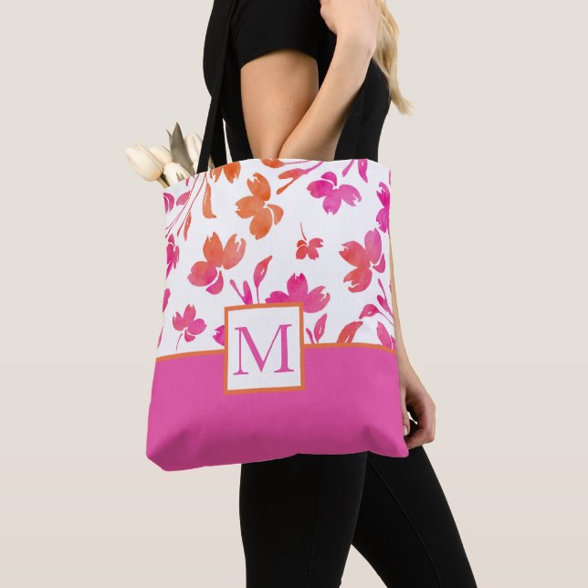 Tote Bag Bords de fleurs d'aquarelle rose et orange chauds (De près)
