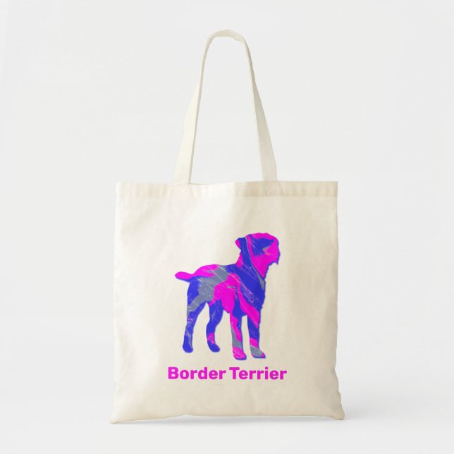 Tote Bag Bordure Chien Terrier rose chaud et bleu (Devant)