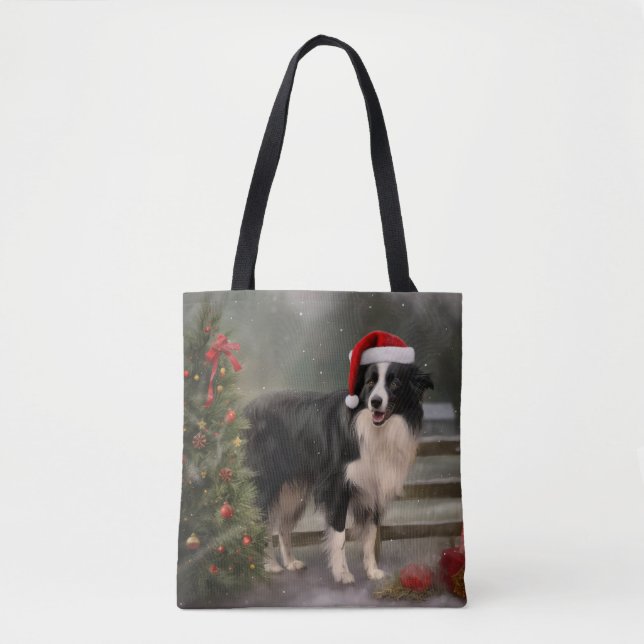 Tote Bag Bordure Collie Chien dans neige Noël (Devant)