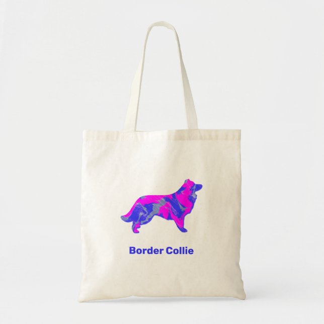 Tote Bag Bordure Collie Chien rose chaud et bleu Silhouette (Devant)