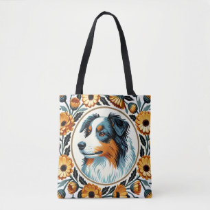 Tote Bag Bordure Collie Jardin fleuri