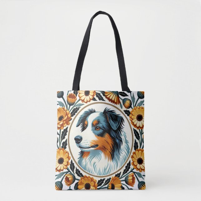 Tote Bag Bordure Collie Jardin fleuri (Devant)