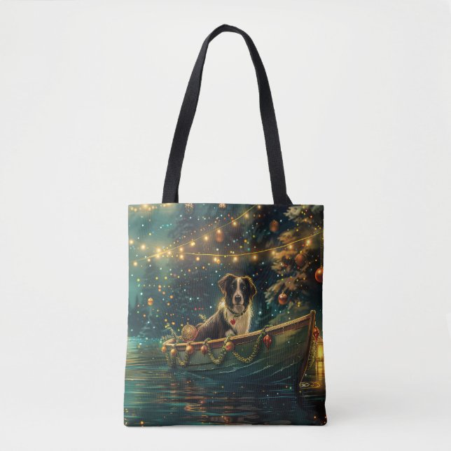 Tote Bag Bordure Collie Noël Festive Voyage (Devant)