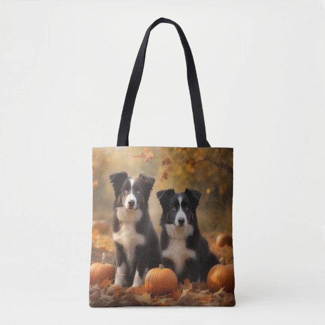 Tote Bag Bordure Collie Puppy Automne Citrouille de plaisir (Devant)