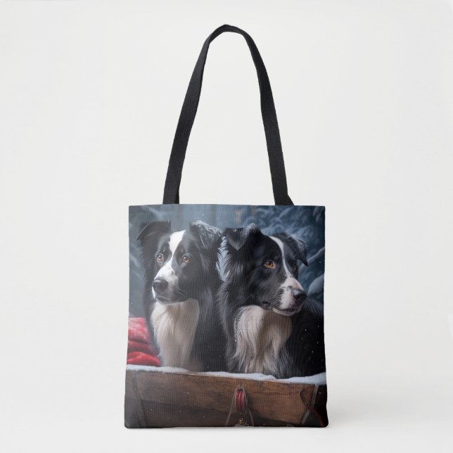 Tote Bag Bordure Collie Snowy Sleigh Décor de Noël (Devant)